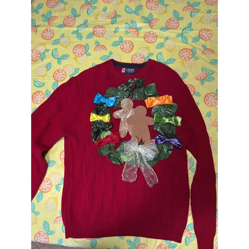 Christmas Mens Chaps Ugly Holiday Sweater S Red 3D Wreath Gingerbread Cable Knit